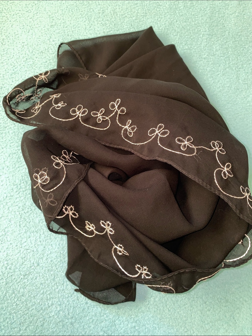 Wrap Scarf embroidered semi-sheer black white elegant chiffon NEW size 26” X 60”